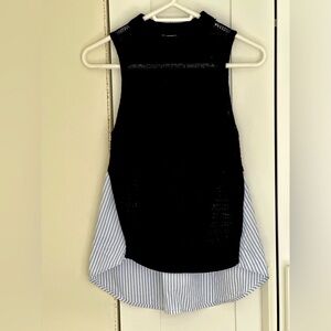 Veronica Beard Black Knit Shell with Blue-White Striped Hem